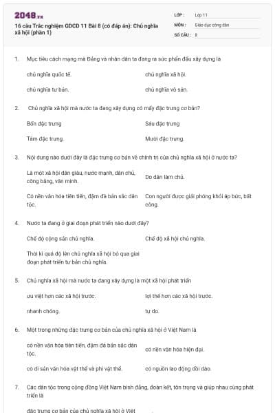16 câu  Trắc nghiệm GDCD 11 Bài 8 (có đáp án): Chủ nghĩa xã hội (phần 1)