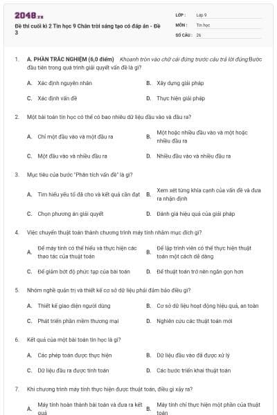 Đề thi cuối kì 2 Tin học 9 Chân trời sáng tạo có đáp án - Đề 3