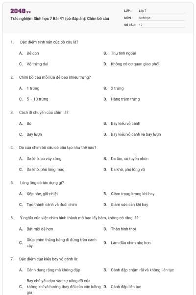 Trắc nghiệm Sinh học 7 Bài 41 (có đáp án): Chim bồ câu