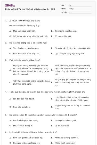 Đề thi cuối kì 2 Tin học 9 Kết nối tri thức có đáp án - Đề 3
