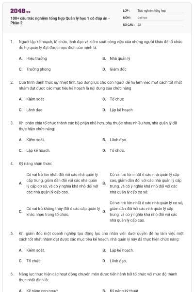100+ câu trắc nghiệm tổng hợp Quản lý học 1 có đáp án - Phần 2