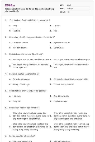 Trắc nghiệm Sinh học 7 Bài 43 (có đáp án): Cấu tạo trong của chim bồ câu