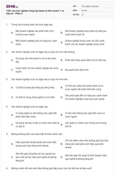 100+ câu trắc nghiệm tổng hợp Quản trị kinh doanh 1 có đáp án - Phần 3
