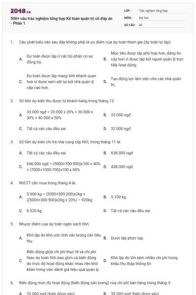 500+ câu trắc nghiệm tổng hợp Kế toán quản trị có đáp án - Phần 1