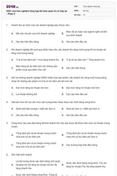 500+ câu trắc nghiệm tổng hợp Kế toán quản trị có đáp án - Phần 5