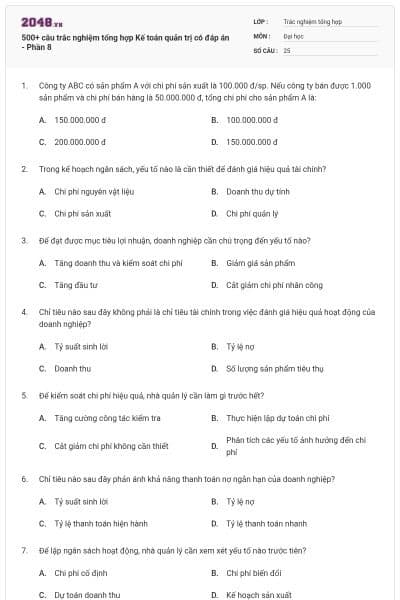 500+ câu trắc nghiệm tổng hợp Kế toán quản trị có đáp án - Phần 8