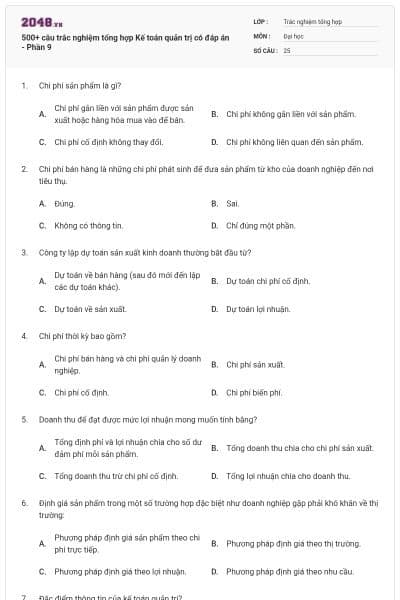 500+ câu trắc nghiệm tổng hợp Kế toán quản trị có đáp án - Phần 9