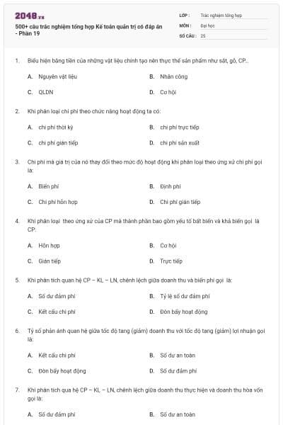 500+ câu trắc nghiệm tổng hợp Kế toán quản trị có đáp án - Phần 19