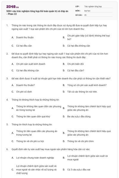 500+ câu trắc nghiệm tổng hợp Kế toán quản trị có đáp án - Phần 22