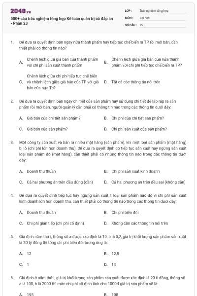 500+ câu trắc nghiệm tổng hợp Kế toán quản trị có đáp án - Phần 23