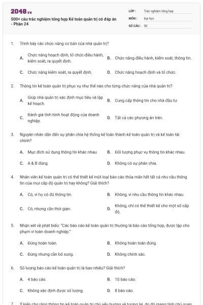 500+ câu trắc nghiệm tổng hợp Kế toán quản trị có đáp án - Phần 24