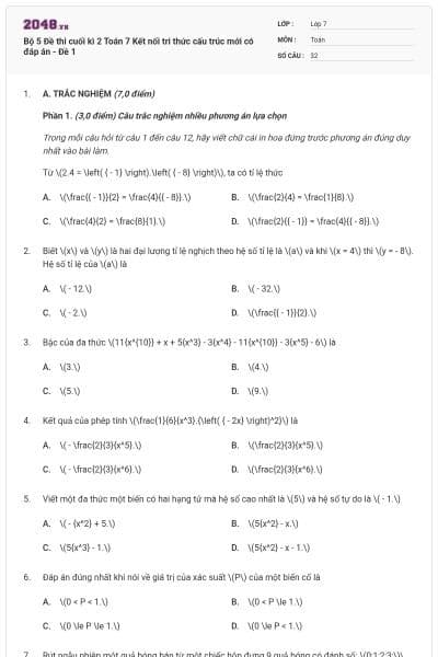 Bộ 5 Đề thi cuối kì 2 Toán 7 Kết nối tri thức cấu trúc mới có đáp án - Đề 1