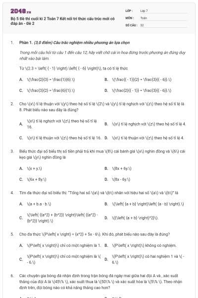 Bộ 5 Đề thi cuối kì 2 Toán 7 Kết nối tri thức cấu trúc mới có đáp án - Đề 2