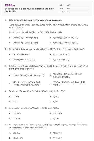 Bộ 5 Đề thi cuối kì 2 Toán 7 Kết nối tri thức cấu trúc mới có đáp án - Đề 4
