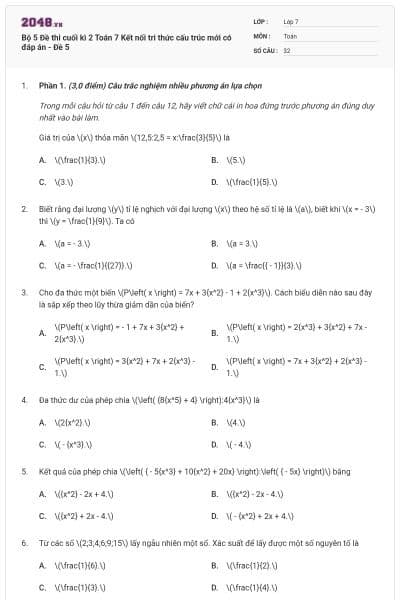 Bộ 5 Đề thi cuối kì 2 Toán 7 Kết nối tri thức cấu trúc mới có đáp án - Đề 5