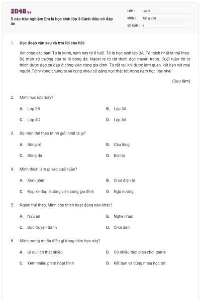 5 câu trắc nghiệm Em là học sinh lớp 3 Cánh diều có đáp án