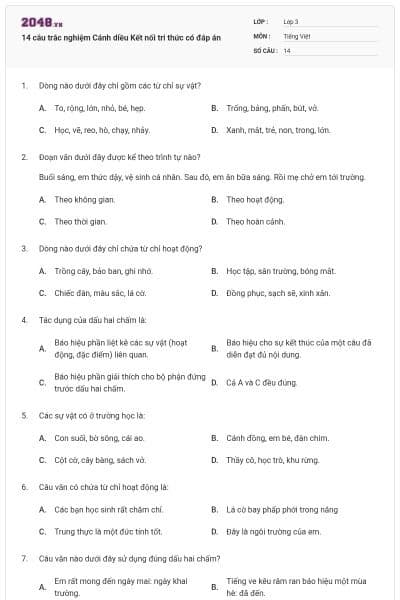 14 câu trắc nghiệm Cánh diều Kết nối tri thức có đáp án