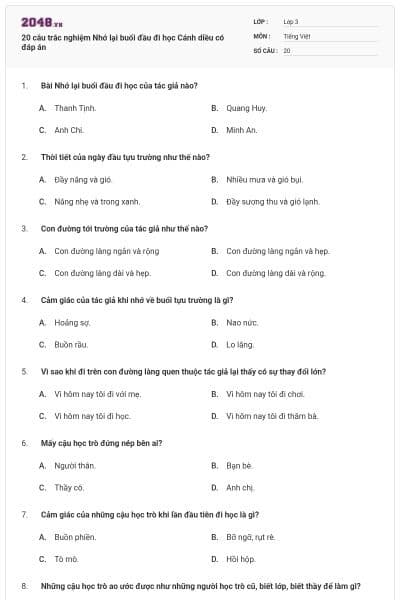 20 câu trắc nghiệm Nhớ lại buổi đầu đi học Cánh diều có đáp án