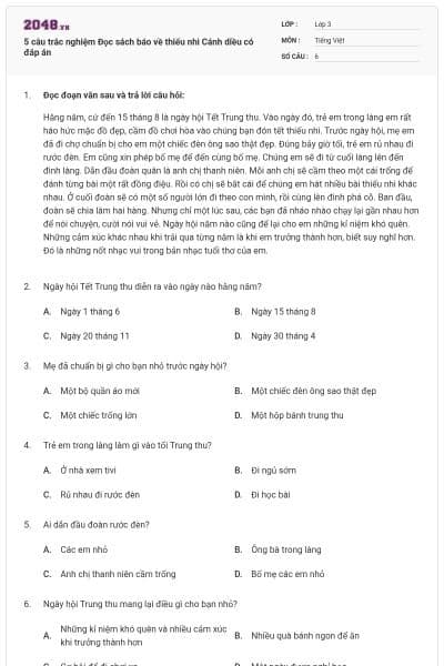 5 câu trắc nghiệm Đọc sách báo về thiếu nhi Cánh diều có đáp án