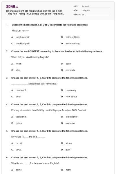 Đề khảo sát đánh giá năng lực học sinh vào lớp 6 môn Tiếng Anh Trường THCS Lê Quý Đôn, Lý Tự Trọng  năm 2024-2025 có đáp án