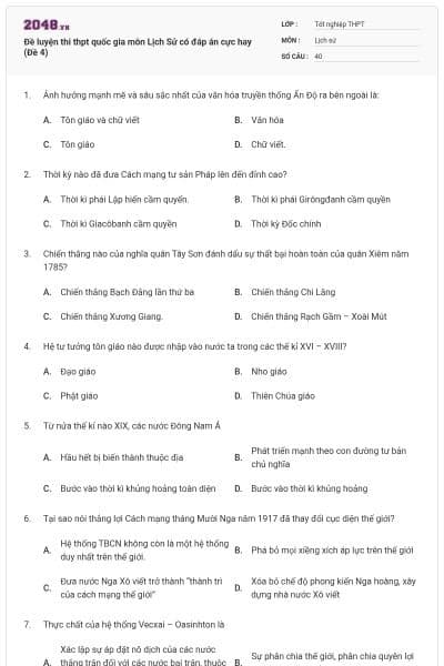 Đề luyện thi thpt quốc gia môn Lịch Sử có đáp án cực hay (Đề 4)