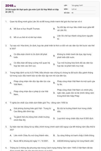 20 Đề luyện thi thpt quốc gia môn Lịch Sử Hay Nhất có đáp án (đề 1)