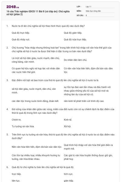 16 câu  Trắc nghiệm GDCD 11 Bài 8 (có đáp án): Chủ nghĩa xã hội (phần 2)