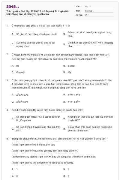 Trắc nghiệm Sinh Học 12 Bài 12 (có đáp án): Di truyền liên kết với giới tính và di truyền ngoài nhân