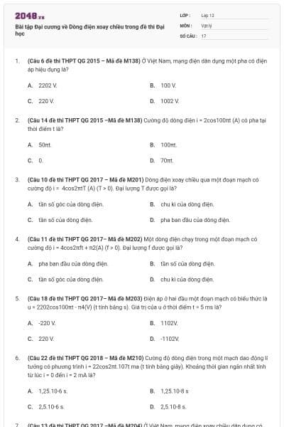Bài tập Đại cương về Dòng điện xoay chiều trong đề thi Đại học