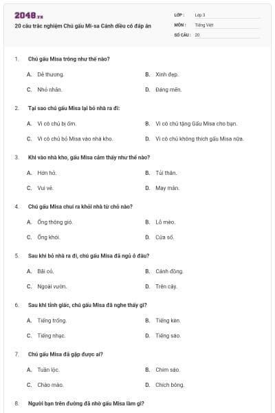 20 câu trắc nghiệm Chú gấu Mi-sa Cánh diều có đáp án