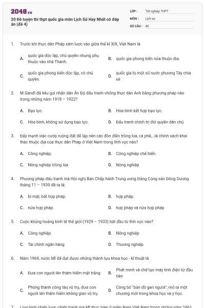 20 Đề luyện thi thpt quốc gia môn Lịch Sử Hay Nhất có đáp án (đề 4)