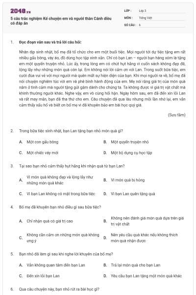 5 câu trắc nghiệm Kể chuyện em và người thân Cánh diều có đáp án