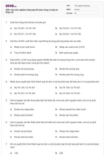 500+ câu trắc nghiệm tổng hợp Kế toán công có đáp án - Phần 29