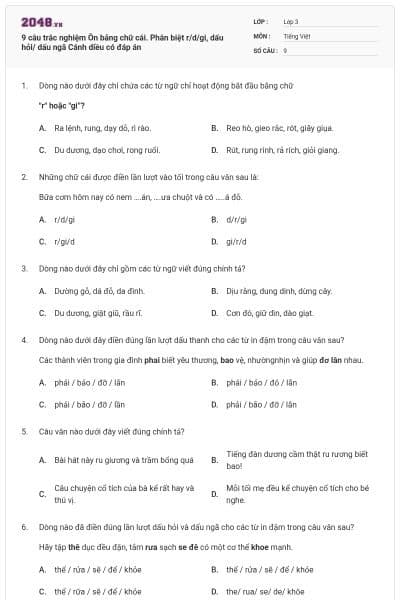 9 câu trắc nghiệm Ôn bảng chữ cái. Phân biệt r/d/gi, dấu hỏi/ dấu ngã Cánh diều có đáp án