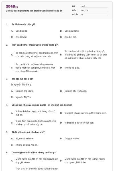 24 câu trắc nghiệm Ba con búp bê Cánh diều có đáp án