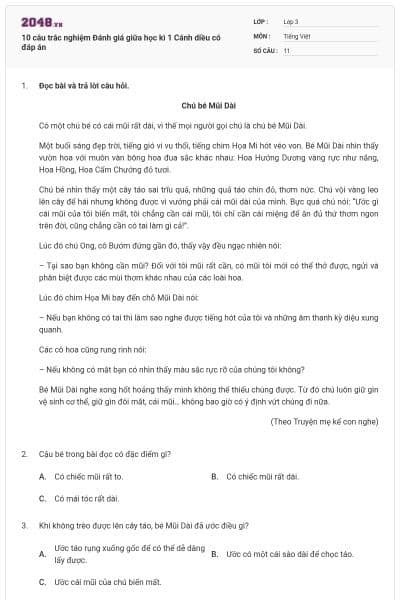 10 câu trắc nghiệm Đánh giá giữa học kì 1 Cánh diều có đáp án