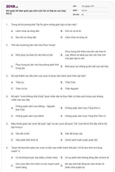 Đề luyện thi thpt quốc gia môn Lịch Sử có đáp án cực hay( Đề 5)