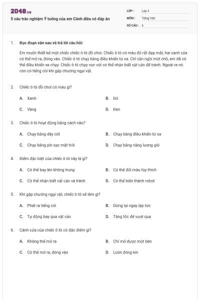 5 câu trắc nghiệm Ý tưởng của em Cánh diều có đáp án
