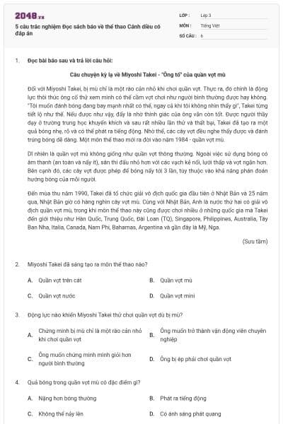 5 câu trắc nghiệm Đọc sách báo về thể thao Cánh diều có đáp án