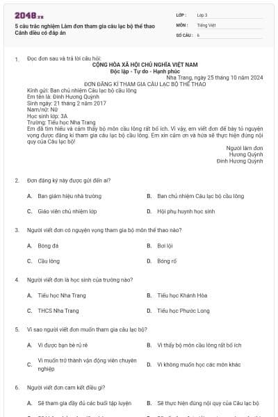 5 câu trắc nghiệm Làm đơn tham gia câu lạc bộ thể thao Cánh diều có đáp án