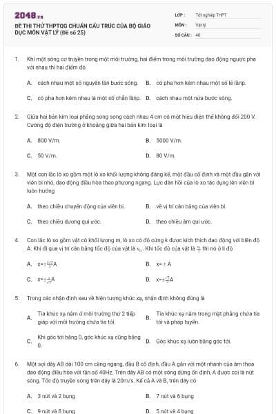 ĐỀ THI THỬ THPTQG CHUẨN CẤU TRÚC CỦA BỘ GIÁO DỤC MÔN VẬT LÝ (Đề số 25)