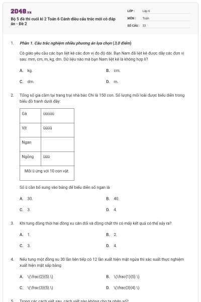 Bộ 5 đề thi cuối kì 2 Toán 6 Cánh diều cấu trúc mới có đáp án - Đề 2
