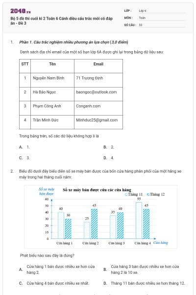 Bộ 5 đề thi cuối kì 2 Toán 6 Cánh diều cấu trúc mới có đáp án - Đề 3
