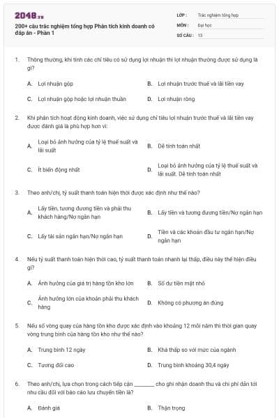200+ câu trắc nghiệm tổng hợp Phân tích kinh doanh có đáp án - Phần 1