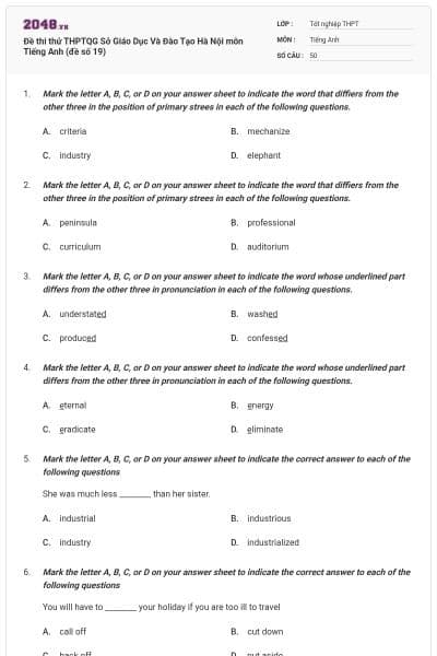 Đề thi thử THPTQG Sở Giáo Dục Và Đào Tạo Hà Nội môn Tiếng Anh (đề số 19)