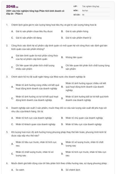 200+ câu trắc nghiệm tổng hợp Phân tích kinh doanh có đáp án - Phần 6