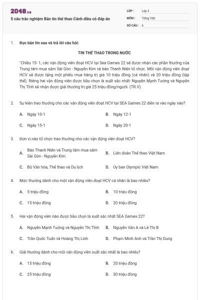 5 câu trắc nghiệm Bản tin thể thao Cánh diều có đáp án