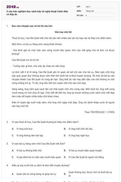 5 câu trắc nghiệm Đọc sách báo về nghệ thuật Cánh diều có đáp án