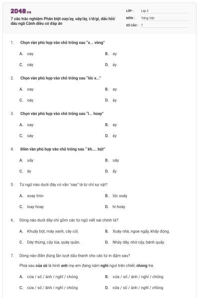 7 câu trắc nghiệm Phân biệt oay/ay, uây/ây, r/d/gi, dấu hỏi/ dấu ngã Cánh diều có đáp án