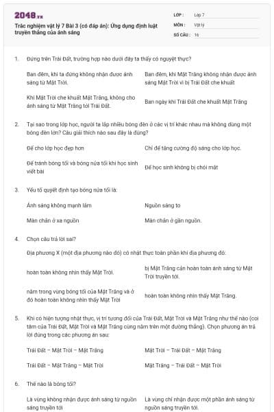 Trắc nghiệm vật lý 7 Bài 3 (có đáp án): Ứng dụng định luật truyền thẳng của ánh sáng
